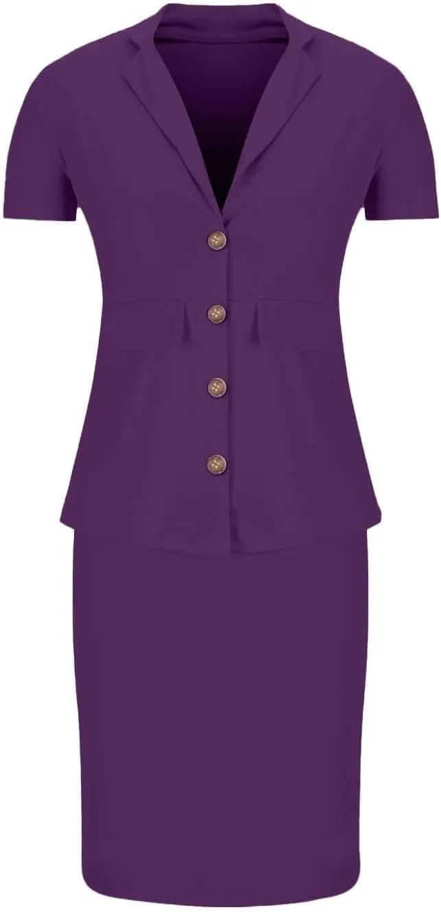 ZEFOTIM Skirt Suit Set for Women Classy Blazer Solid Color Business Short Sleeve 2 Piece Jacket with Pocket