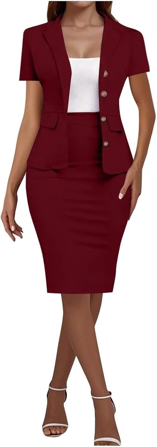 ZEFOTIM Skirt Suit Set for Women Classy Blazer Solid Color Business Short Sleeve 2 Piece Jacket with Pocket