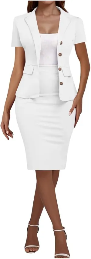 ZEFOTIM Skirt Suit Set for Women Classy Blazer Solid Color Business Short Sleeve 2 Piece Jacket with Pocket