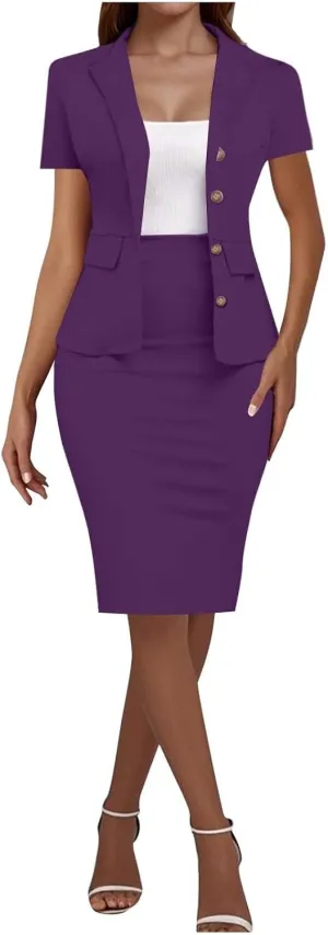 ZEFOTIM Skirt Suit Set for Women Classy Blazer Solid Color Business Short Sleeve 2 Piece Jacket with Pocket