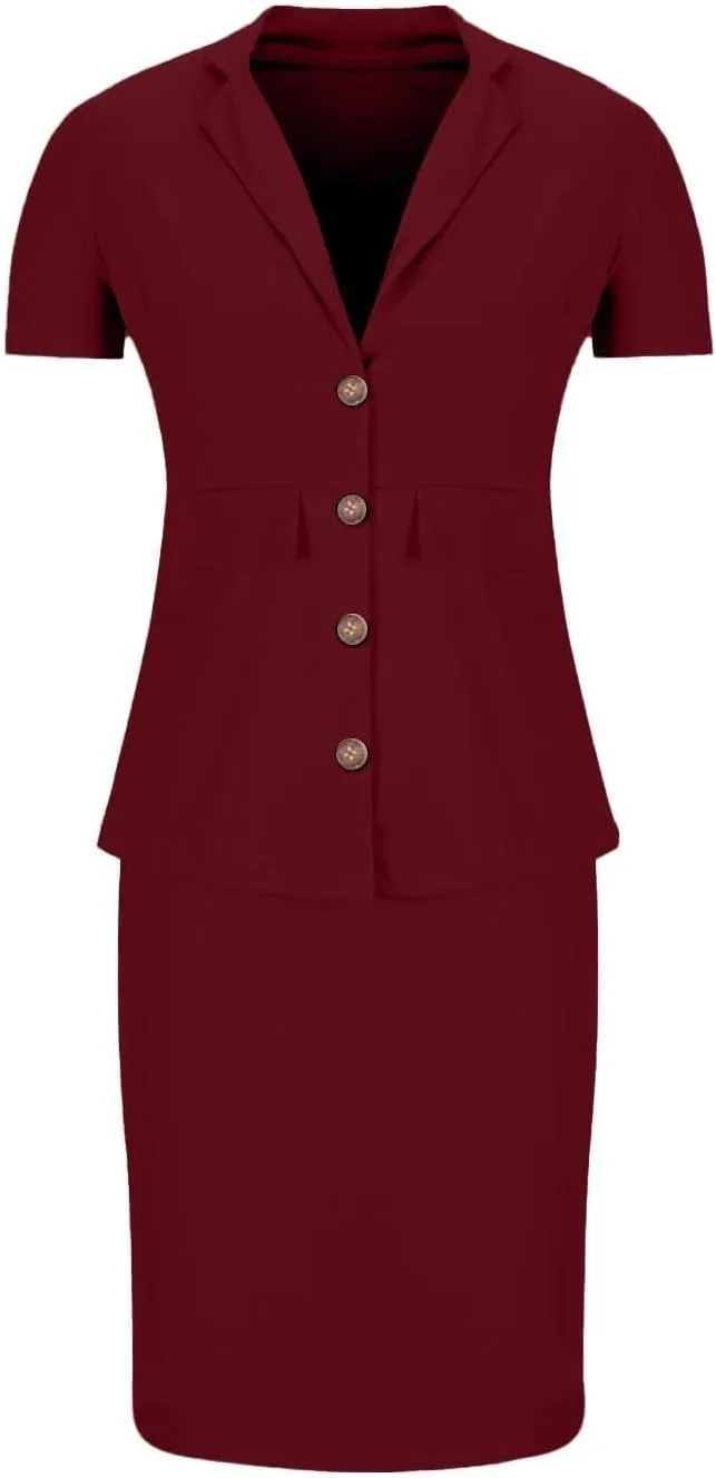 ZEFOTIM Skirt Suit Set for Women Classy Blazer Solid Color Business Short Sleeve 2 Piece Jacket with Pocket