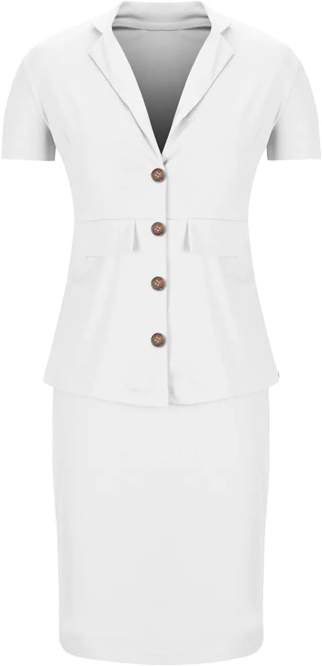 ZEFOTIM Skirt Suit Set for Women Classy Blazer Solid Color Business Short Sleeve 2 Piece Jacket with Pocket