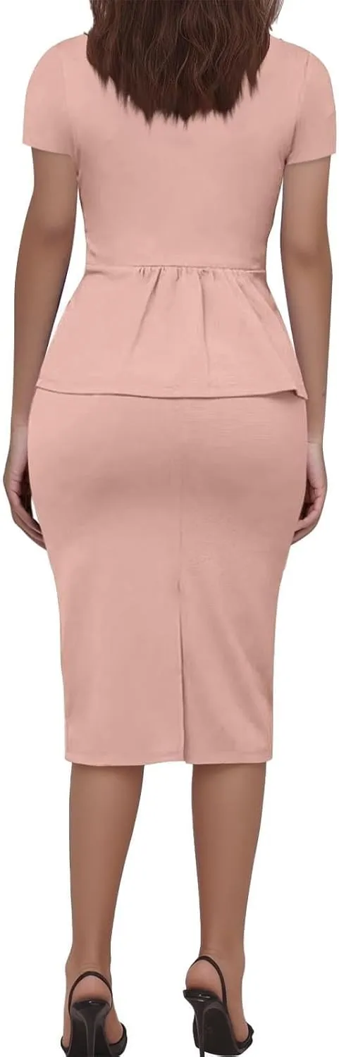ZEFOTIM Skirt Suit Set for Women Professional Blazer Solid Color Petite Short Sleeve Two Piece Jacket with Pocket