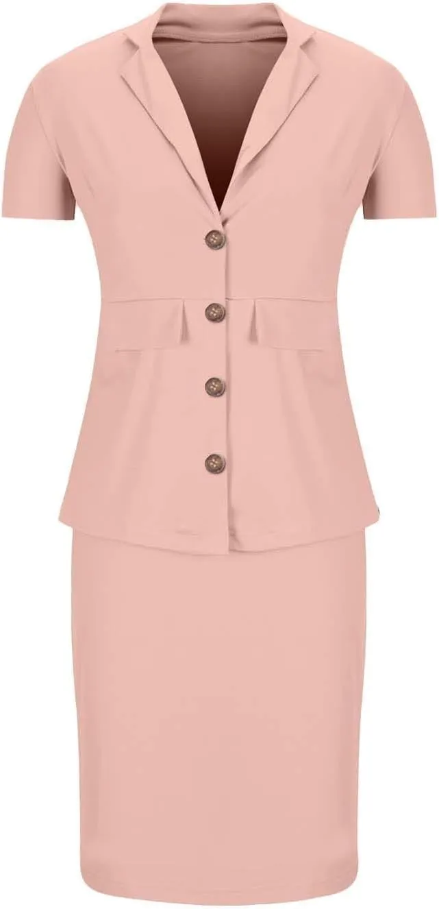 ZEFOTIM Skirt Suit Set for Women Professional Blazer Solid Color Petite Short Sleeve Two Piece Jacket with Pocket