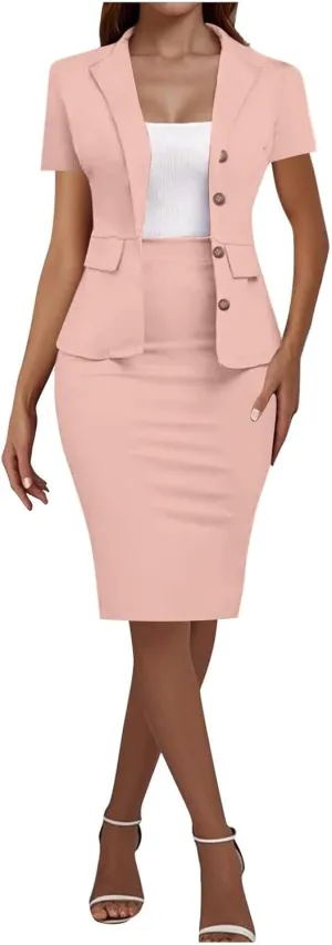 ZEFOTIM Skirt Suit Set for Women Professional Blazer Solid Color Petite Short Sleeve Two Piece Jacket with Pocket